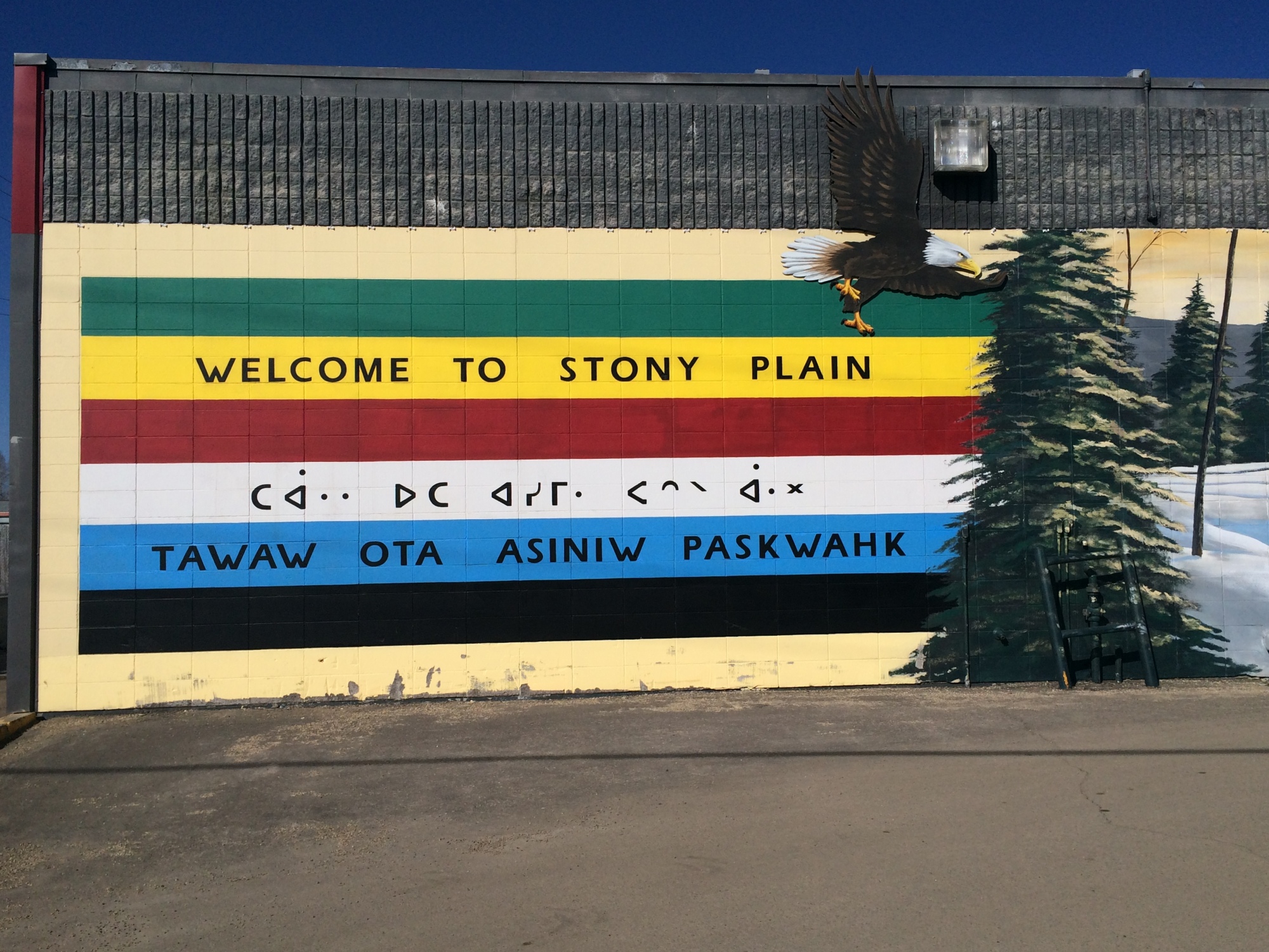 On the wall of the town's co-op grocery store, this mural welcomes visitors in English and (I believe) the language of the First Nations Stoney peoples.